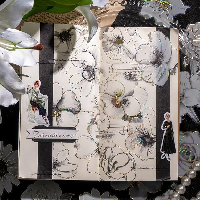 120pcs White Flower Scrapbook Stickers Pack, Clear Floral PET Decals with Gold Foil Outline, Vintage Roses Lilies Daisies Peonies Sticker Set for Journaling, Planners, Cards Making, Crafts