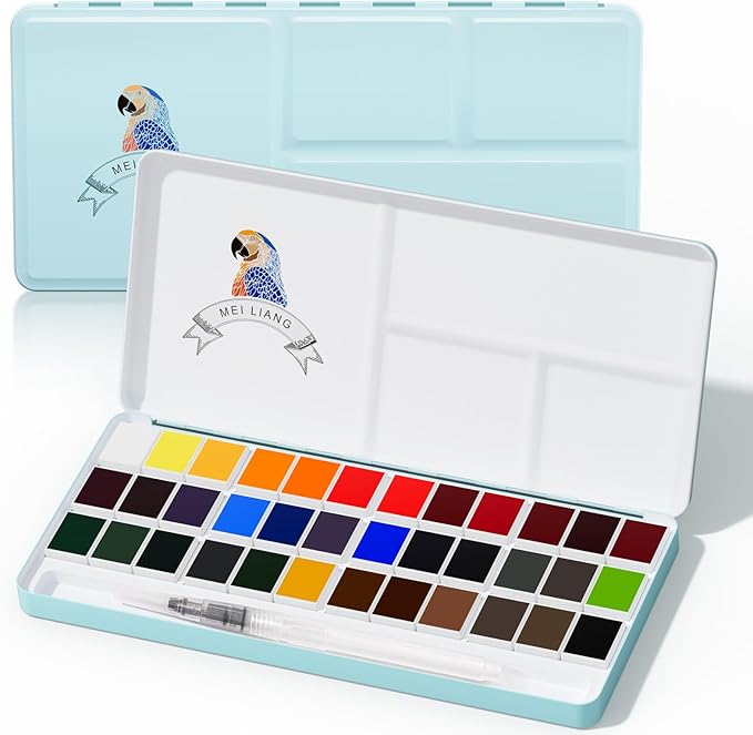 36 Color Solid Watercolor Paint Set with Metal Case & Brush, Highly Pigmented Watercolor for Beginners, Students & Outdoor Painting