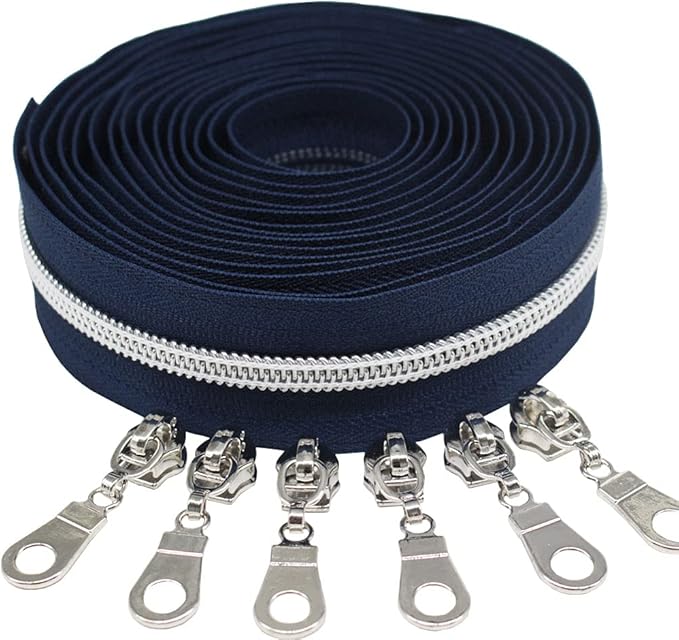 MebuZip #5 Silver Metallic Nylon Coil Zippers by The Yard Bulk Coil Zipper Roll 10 Yards with 25pcs Pulls for DIY Sewing Craft Bags (Navy Blue)