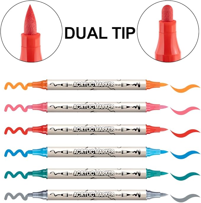 TRANSON 12 Colors Bold and Brush Dual-tip Acrylic Paint Marker Pen Set for Canvas Rock Wood Leather Ceramic DIY Painting