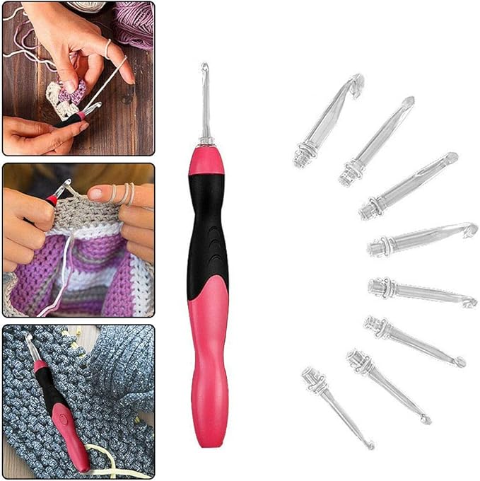 Paddsun Lighted Crochet Hook Set, 9 in 1 Rechargeable Ergonomic Crochet Hook Set with Zip Case Light Up Knitting Needles Kit Weave Sewing Tool Accessories