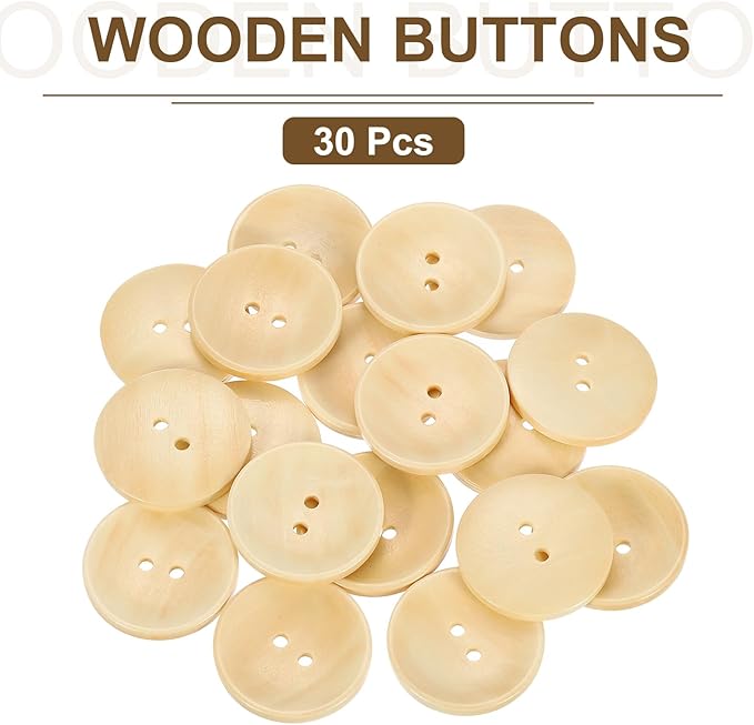 uxcell 30Pcs Wooden Buttons, 34mm(1.34 Inch) 2 Hole Round Wood Sewing Button Craft for Sewing DIY Craft Clothing, Natural Wood