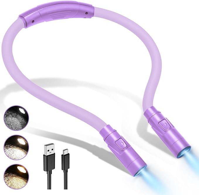 LUXJET Reading Light for Neck, 3 Colors & 6 Brightness Levels, Rechargeable Hands-Free Book Light with Flexible Gooseneck, 80Hrs for Night Reading, Eye-Caring Gift for All Ages