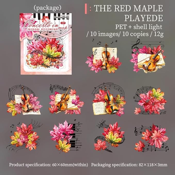 MAFELOE Scrapbook Stickers of 10 Pieces, PET Aesthetic Deco Stickers Journaling Supplies for Junk Bullet Bottles Laptop- Maple Leaf&Music Series-B