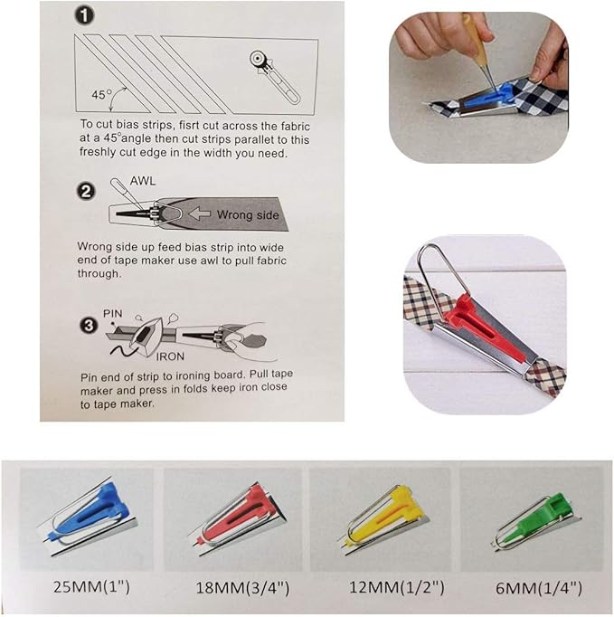 HONEYSEW Bias Tape Maker Kits All 5 Sizes 6MM 9MM 12MM 18MM 25MM Binding Foot Craft Clips Awl Quilter's Pin