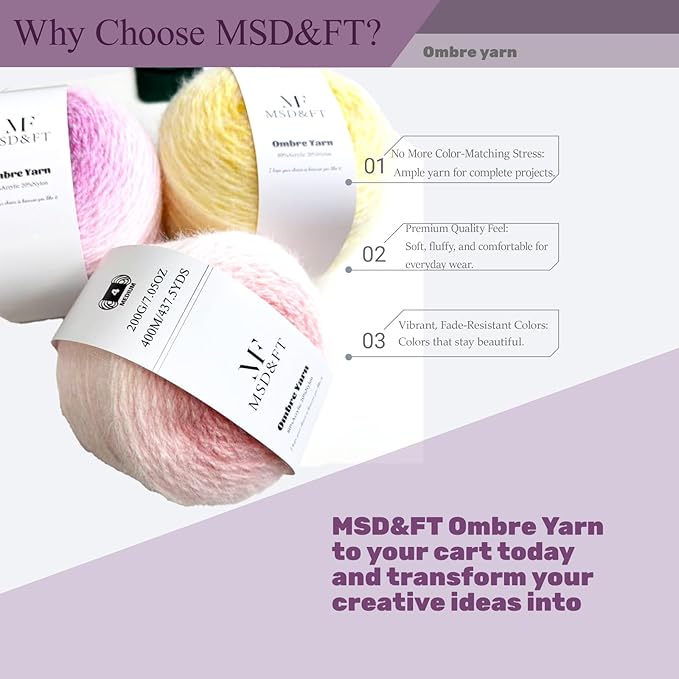 MSD&FT Ombre Yarn, 80% Acrylic 20% Nylon Blend, Pink Gradient, 4-Pack (Quartz Pink)