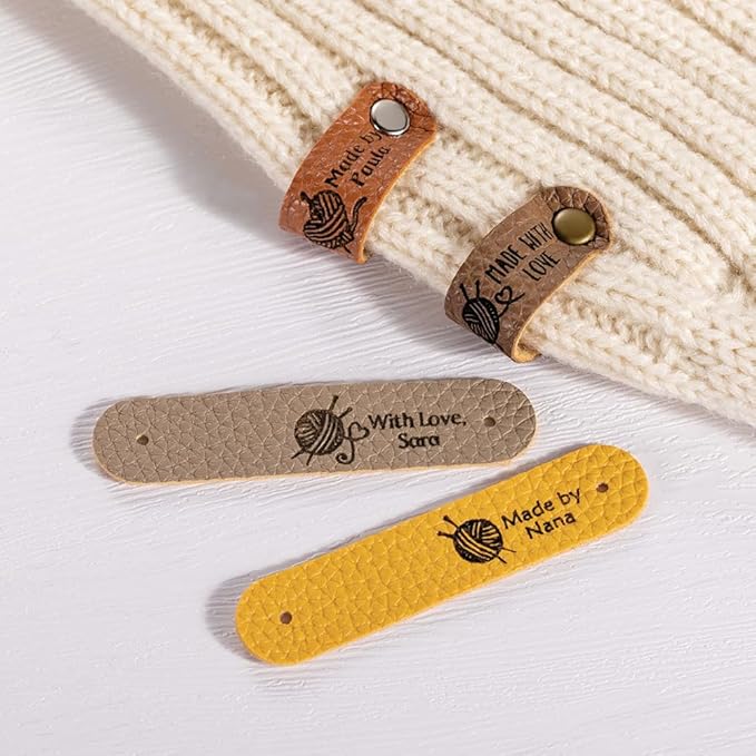 Callie Personalized Leather Tags for Crochet Items, 2.5 x 0.5 inches Custom Labels for Crochet and Knits Projects with Rivets, Suitable for Hats Beanies Scarves & More
