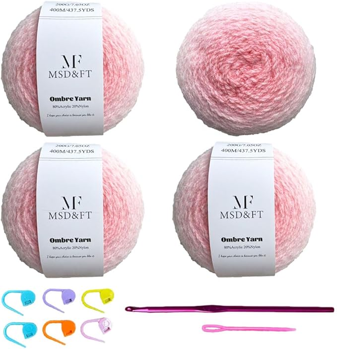 MSD&FT Ombre Yarn, 80% Acrylic 20% Nylon Blend, Pink Gradient, 4-Pack (Quartz Pink)