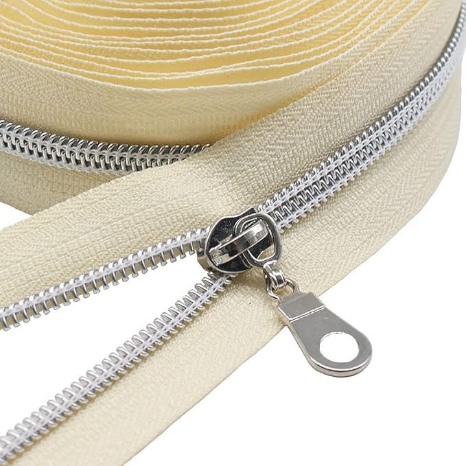 MebuZip #5 Silver Metallic Nylon Coil Zippers by The Yard Bulk Coil Zipper Roll 10 Yards with 25pcs Pulls for DIY Sewing Craft Bags (Beige)