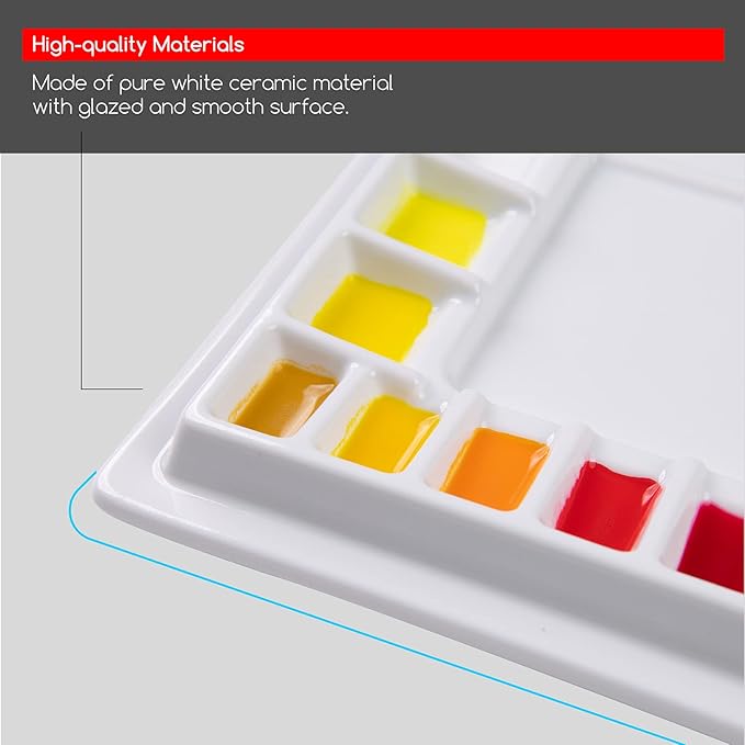 MEEDEN Ceramic Watercolor Palette: 33-Well Large Empty Professional Porcelain Paint Palette with Lid for Watercolor Acrylic Gouache, 13.5 x 10.8 Inch Mixing Tray for Studio