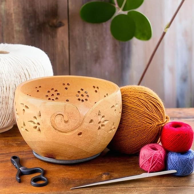 Prime Art Wooden Yarn Bowl Yarn Bowl for Crochet Yarn Bowl for Knitting Yarn Bowl for Crochet Large Yarn Bowl (Mangowood)