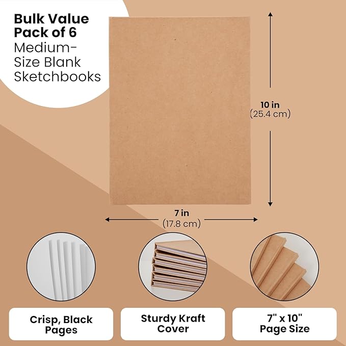 Kraft Hard Cover Blank Books for Kids 7x10 – 6 Pack of Unlined Journals with 36 Pages Each – Durable 120gsm Paper for Drawing, Sketching, Writing & Classroom Projects DIY Storybooks & Art Notebooks