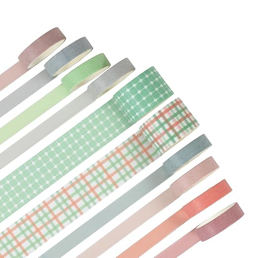 10 Rolls Washi Tape Set, Solid Color & Grid Decorative Tapes for Journals, Scrapbooking, Gift Wrapping, Decor & Crafts (Gauze)
