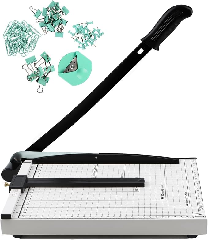 Paper Cutter with Corner Rounder,Paper Clips, Binder Clips and Push Pins Set,12" Heavy Duty Guillotine 18 Sheet Capacity - Metal Base Paper Trimmer with Safety Lock for Office, School, Crafting