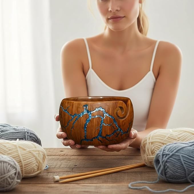 Handcrafted Wooden rose wood Yarn Bowl for knitting & Crocheting Wooden Yarn Storage Bowl With Carved Holes Drills Knitting Crochet Accessories bowl - Christmas Gift