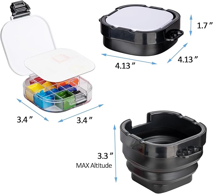 Falling in Art Paint Palette, Airtight 16 Wells Storage Palette Box with Lid and Folding Paint Brush Basin for Watercolor, Gouache and Acrylic Painting (Black)
