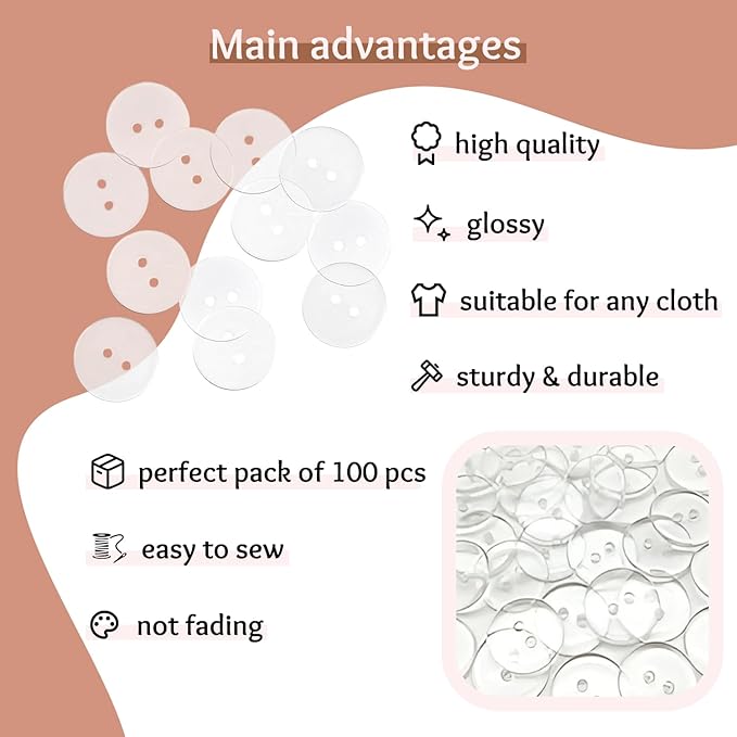 3/4" Clear Sewing Buttons 2 Hole Pack of 100 Transparent Buttons for Sewing 30L Crafts Replacement 0.75 inch (19mm) Glossy Round Button Bulk Large Plastic Buttons for Dress Pants Shirt Skirt Blouse