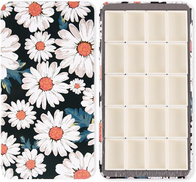 Portable Watercolor Paint Palette with Tins, Lightweight Empty Full Pans with Magnetic Squares, Metal Paint Tray Palettes for Travel, Acrylics Painting and Art, 20Full Pans,Daisy