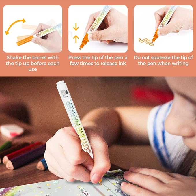 12 Pcs Outline Marker Set, 2023 New Glitter Gel Double Line Outline Pen Sparkle Markers Colorful Art Pens for Writing, Scrapbooking, Coloring and Greeting Cards, Journal Drawing (12 Pcs)