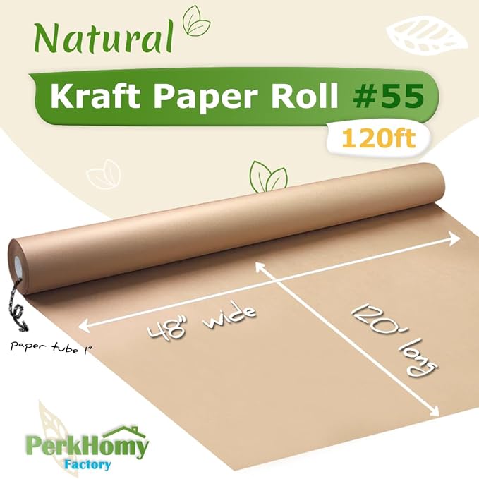 PerkHomy 48" x 1,440" (120') Brown Kraft Paper Roll for Craft Bulletin Board Paper Art Table Covering Crafting Gift Wrapping Bouquet Packing Parcel 70GSM 50LB (Brown, 48" x 120')