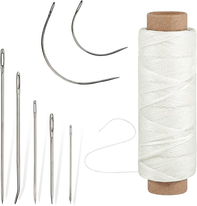 55Yards Waxed Thread with 7 Pcs Leather Hand Sewing Needles - 150D Flat Waxed Thread for Leather Repair, Upholstery, Canvas Bags, Sofa Furniture (White)