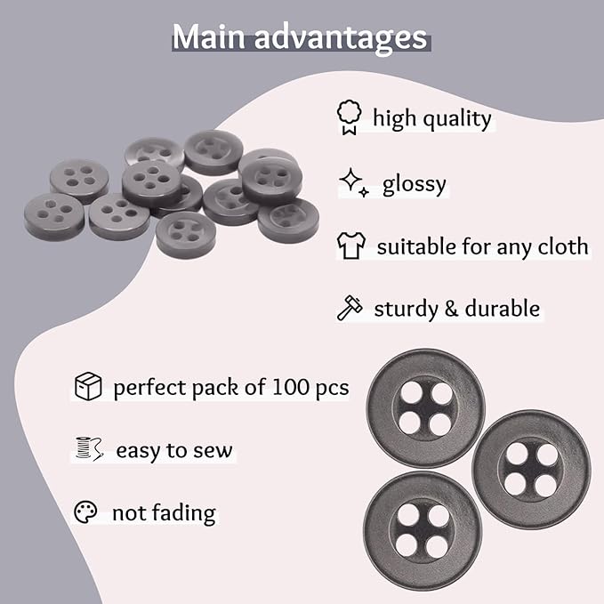 100 Pack Grey Sewing Buttons 16L (10mm) Round Plastic 4 Hole Glossy Buttons for Sewing 0.4 inch Smoke Bulk Standard Shirt Buttons for Pants Blouse Shirt Dress Skirt Shorts Decorative DIY Arts