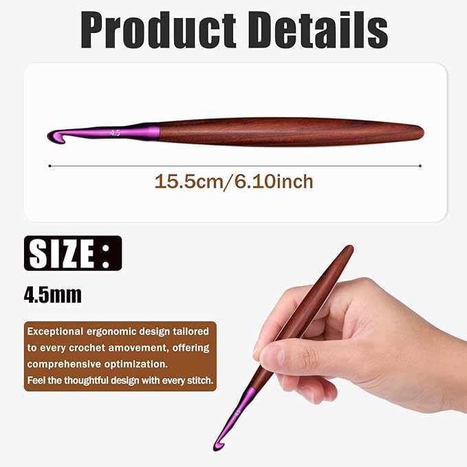 Giwrmu Crochet Hooks, 4.5mm Ergonomic Crochet Hook, Available in 3mm-7mm, Colored Aluminum Crochet Hook with Wooden Handle Crochet Needle for Crocheting Yarn