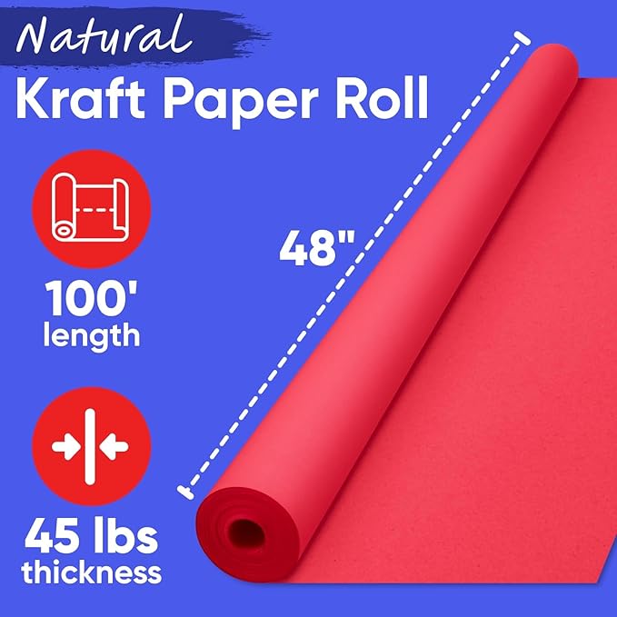 USA Made 48" x 1200" Christmas Red Kraft Paper Roll, 45 lbs Thickness, American Quality Colored Kraft Paper for School, Poster Arts, Bulletin Board - Odorless, Non-Toxic, Safe for Kids