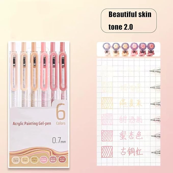 6 Pcs Acrylic Gel Pens 0.7mm Quick Dry Colorful Fine Point Smooth Writing Ballpoint, Office for Coloring, Black Paper, Drawing, Journaling, Note Taking, School Supplies, Skin Color 2.0