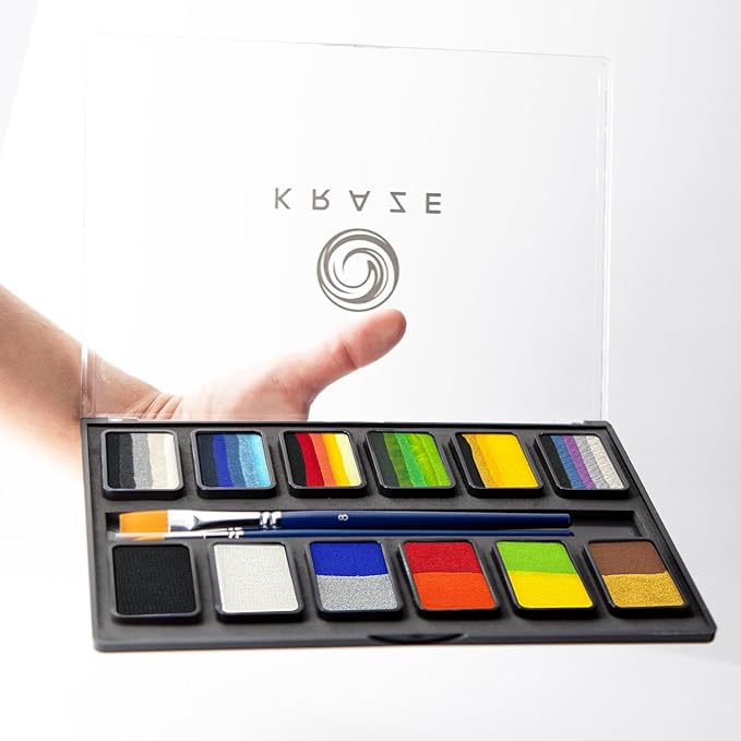 Kraze FX Transform Palette - 12 x 10 gm, Professional Face Painting, One Stroke Split Cake Palette, Water Activated, Hypoallergenic, Safe, Non Toxic Face Paint Kit for Kids & Adults