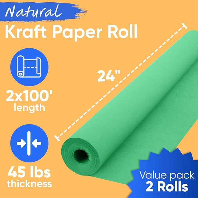 24" x 1200" (100 ft) Green Kraft Paper Roll (Value Pack of 2), 45 lbs Thickness, Made in USA Colored Kraft Paper for School, Bulletin Board - Odorless, Non-Toxic, Safe for Kids