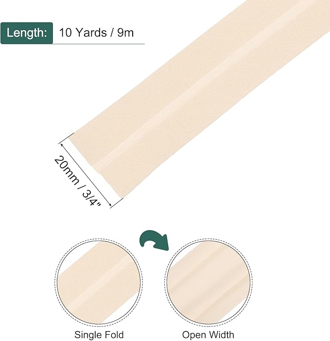 MECCANIXITY 3/4 Inch Single Fold Bias Tape Cotton Continuous Bulk Bias Tape for Sewing, Seaming Quilting Hemming Binding Crafts (Khaki 25 Yards)