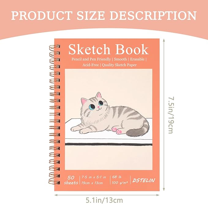 DSTELIN 2 Pack Mini Sketch Books, 7.5 x 5.1 Inch, Spiral Bound with Hard Cover, 50 Sheets per Pad,100gsm, Ideal for Sketching and Mixed Media Creations