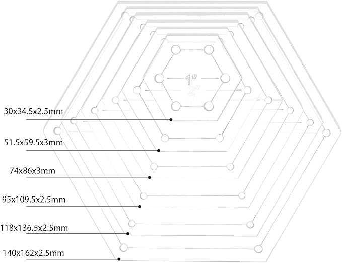 BENECREAT 6Pcs Mixed Sizes Hexagon Quilting Template Transparent Pressure Plate(Hole: 3mm) with 6 Mixed Size
