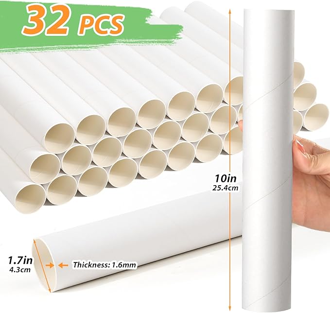 32 Pack Cardboard Tubes for Craft - White Rolling Paper - 1.7 x 10 Inches, Empty Toilet Paper Rolls for Crafts Tubes Craft Supplies, Premium Kraft Paper Strong And Pressure-Resistant