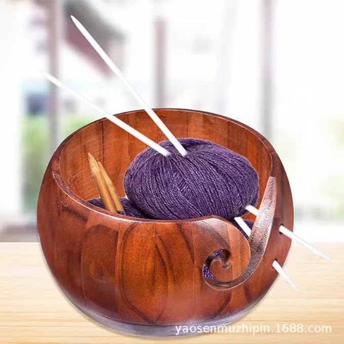 HONEYSEW Wooden Yarn Bowl, Knitting Yarn Bowl with Holes Storage Handmade to Prevent Slipping, Perfect Yarn Bowl for Crocheting and Knitting 6" x 3"