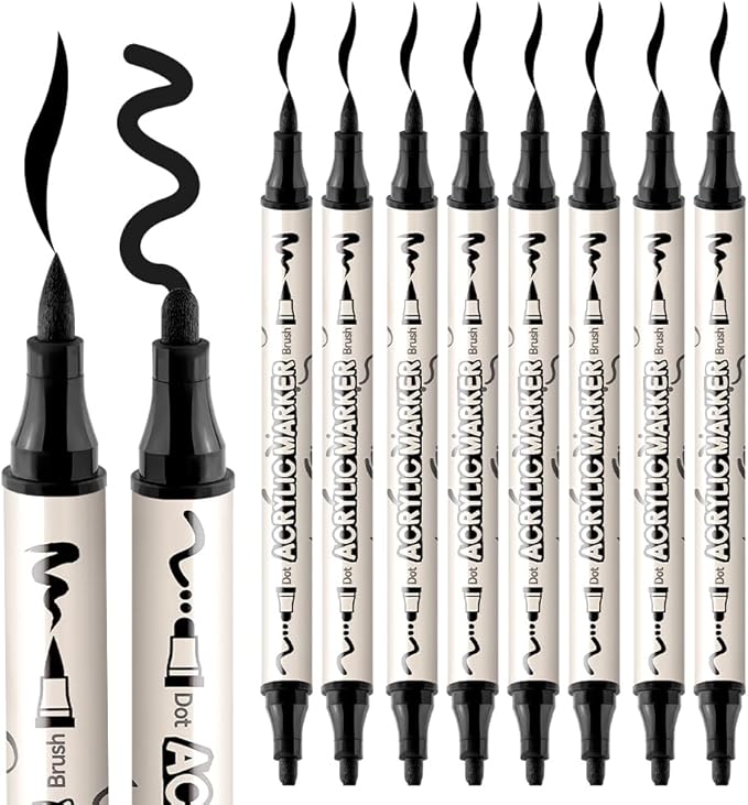 TRANSON 8 Pack Black Brush and Bold Dual-tip Acrylic Paint Marker for DIY Glass Canvas Wood Leather Ceramic Rock Painting