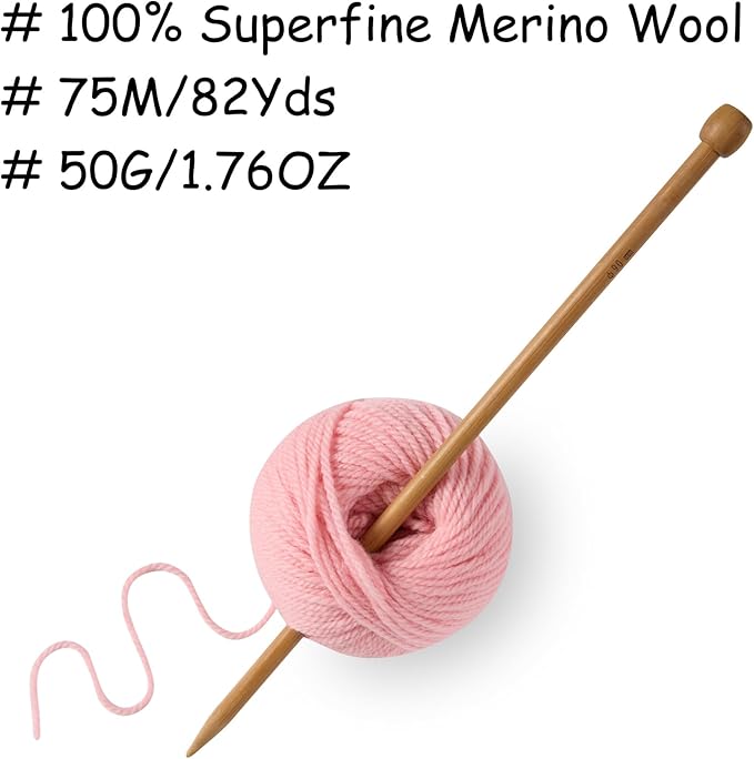 100% Merino Wool Yarn, 3-Ply Luxurious and Soft Yarn for Hand Knitting & Crocheting (Pink,3Balls)