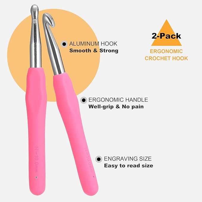 2Pcs 10mm Large Crochet Hooks, Ergonomic Crochet Hook for Arthritis and Beginners, Extra Long, Smooth, Comfortable (Size N / 10.0mm)