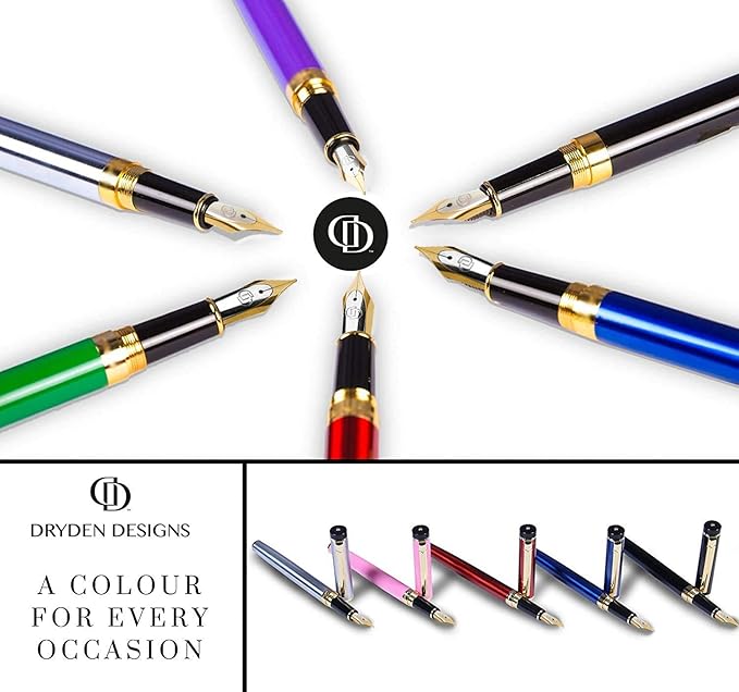 Dryden Designs Fountain Pen. Medium Nib Premium Box | 6 Ink Cartridges Included (Emerald Green)