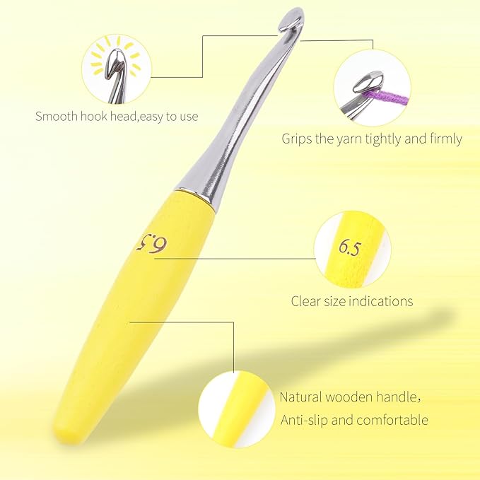 Crochet Hooks 6.5mm Crochet Hook Soft Lightweight Wood Ergonomic Handle and Stainless Steel Crochet Needles Tip (6.5 mm-K)
