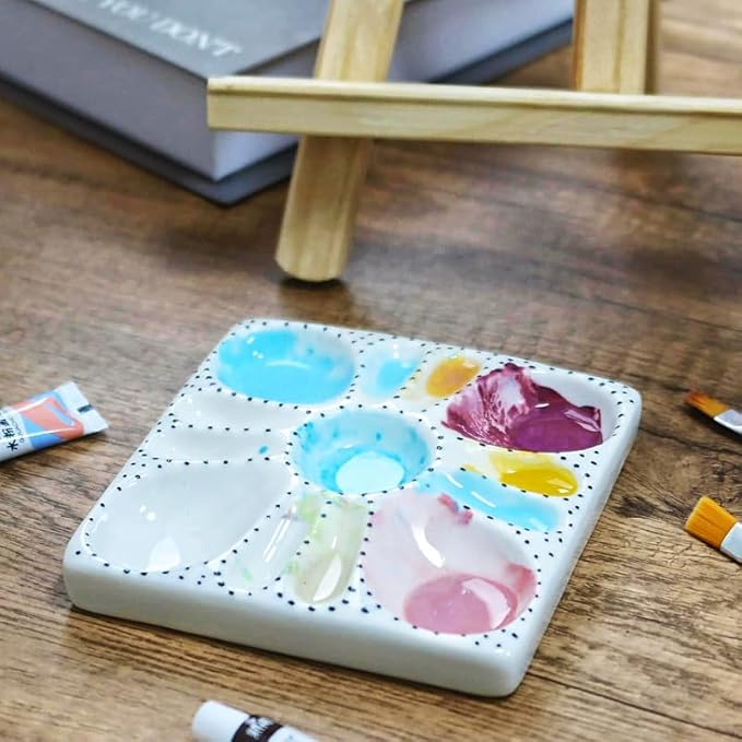 Ceramic Watercolor Palette - Whimsical Black Polka Dot Design with Slanted Paint Well, Premium Glazed Ceramic Artist Palette for Watercolor & for Various pigments
