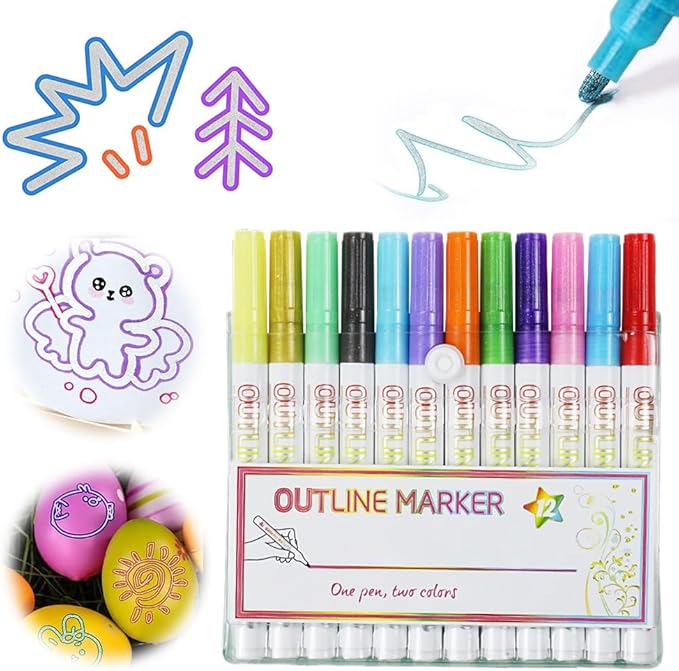 12 Pcs Outline Marker Set, 2023 New Glitter Gel Double Line Outline Pen Sparkle Markers Colorful Art Pens for Writing, Scrapbooking, Coloring and Greeting Cards, Journal Drawing (12 Pcs)
