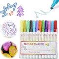 12 Pcs Outline Marker Set, 2023 New Glitter Gel Double Line Outline Pen Sparkle Markers Colorful Art Pens for Writing, Scrapbooking, Coloring and Greeting Cards, Journal Drawing (12 Pcs)