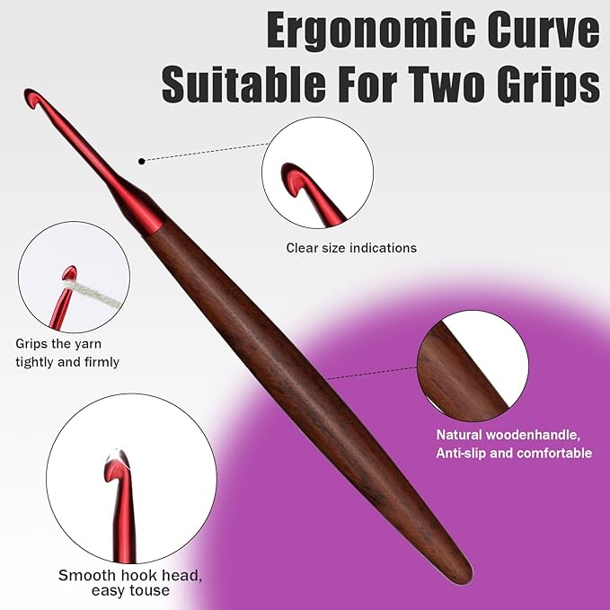 Giwrmu 3 Pcs Crochet Hooks, 3.0mm/5.0mm/7.0mm Ergonomic Crochet Hook, Colored Aluminum Crochet Hook with Wooden Handle Crochet Needle for Crocheting Yarn