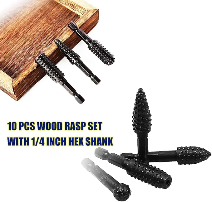 Wood Working Tools Cutting Carving Tools 10pcs Rotary Burr Wood Rasp Files Set for Woodworking with 1/4 Inch Hex Shank Wood Power Tools for Engraving Grinding Polishing