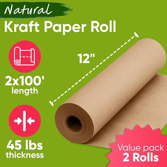 12" x 1200" (100 ft) Brown Kraft Paper Roll - Value Pack of 2, 45 lbs Thickness, Made in USA - Odorless, Non-Toxic, Safe for Kids - School, Bulletin Board Paper