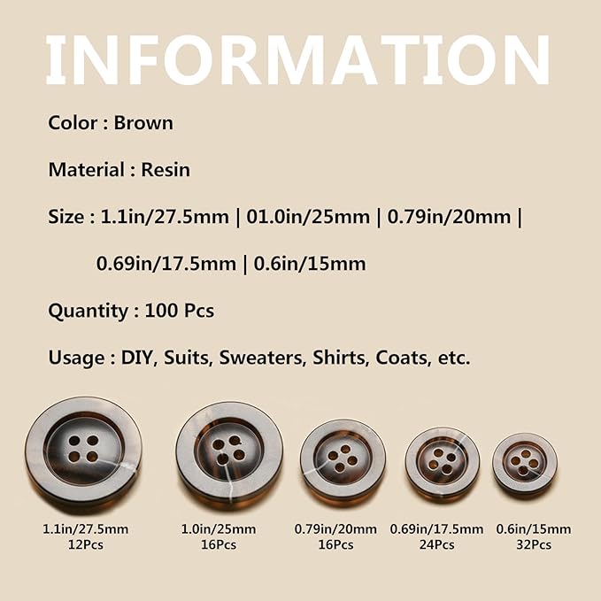 Sewing Buttons - Craft Buttons, 5 Sizes of 100 Pcs Versatile Buttons for Sewing, DIY Projects and Holiday Decoration (Brown)