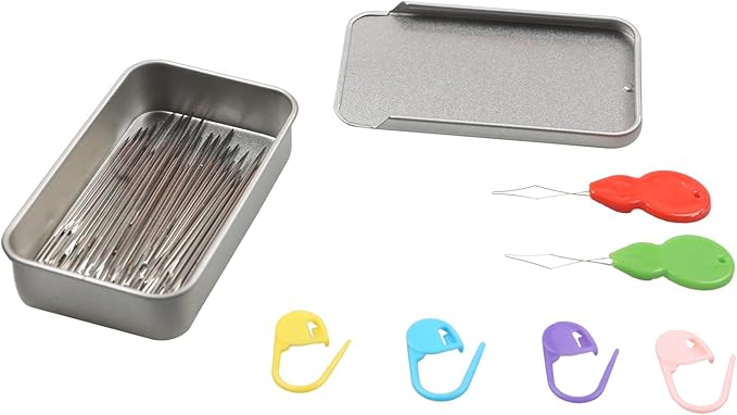 40PCS Large Eye Sewing Needles, 8 Sizes Hand Sewing Sharp Needles, Embroidery Needle, Leather Needle,Stainless Steel Yarn Needles with Threaders & Stitch Markers (Silver)