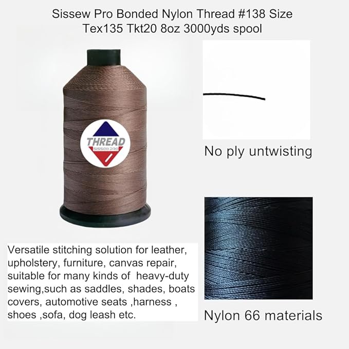 Sissewpro 8oz Bonded Nylon Thread 138 Upholstery Thread Heavy Duty for Sewing Machine Strong Threads for Leather Crafts Furniture Cusion,Boats Car Cover Seats,Canvas,Tex135,1500yds (Saddle Brown)